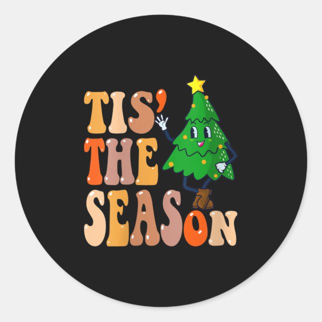 Sticker Rond Womens Groovy Tis The Season Christmas Hippie Pine (Devant)