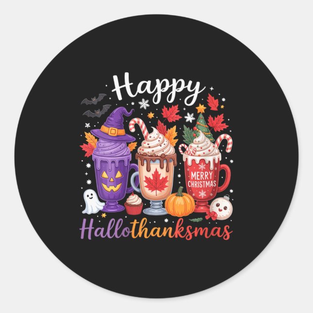 Sticker Rond Womens Happy Hallothanksmas Coffee Lover Halloween (Devant)