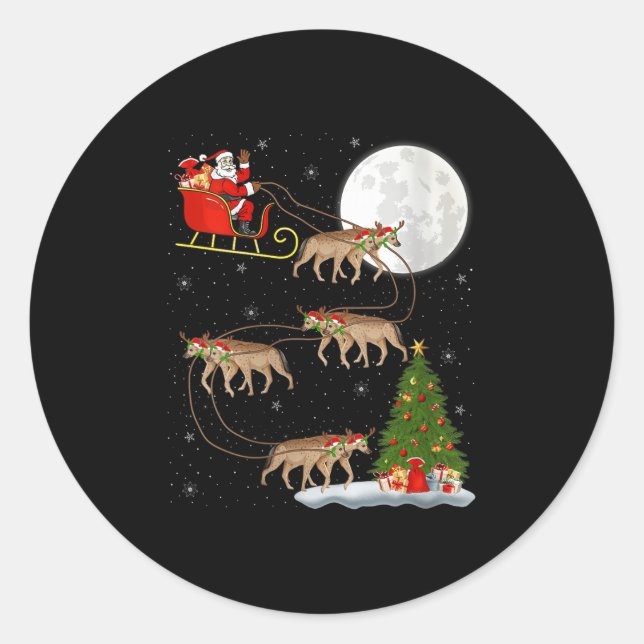 Sticker Rond Womens Hyena Santa Sleigh Flying Funny Magical Chr (Devant)