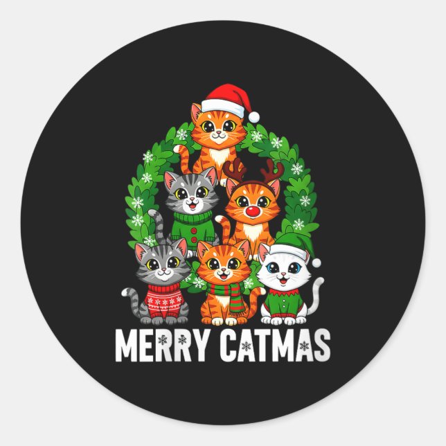 Sticker Rond Womens Merry Catmas Funny Christmas Cat Mom Meowy  (Devant)