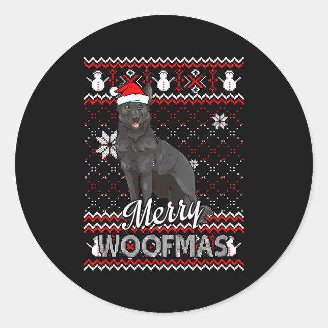Sticker Rond Womens Merry Woofmas Black German Shepherd Dog San (Devant)