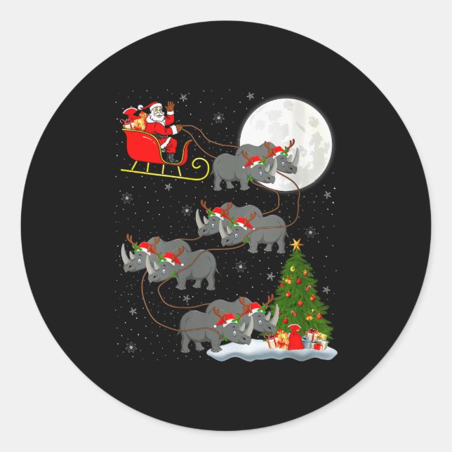 Sticker Rond Womens Rhino Santa Sleigh Flying Funny Magical Chr (Devant)