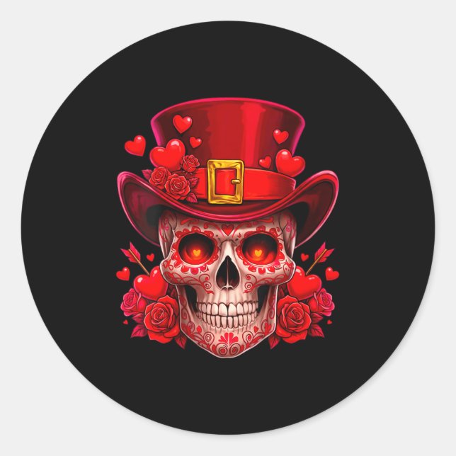 Sticker Rond Women's Sugar Skull Valentine Cud Red Roses Couple (Devant)