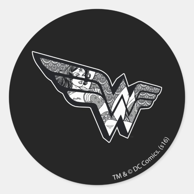 Sticker Rond Wonder Woman Assis Dans Le Logo En Dentelle Angled (Devant)