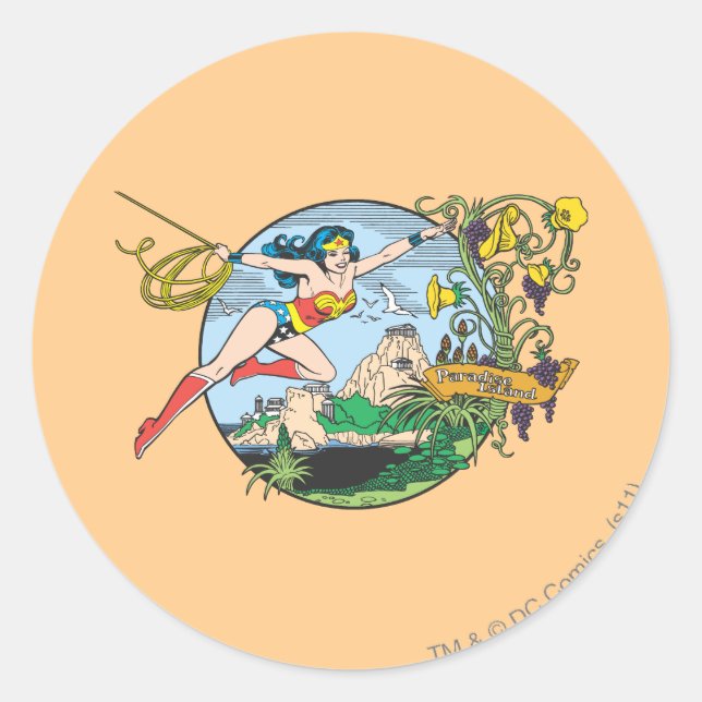 Sticker Rond Wonder Woman Paradise Island (Devant)