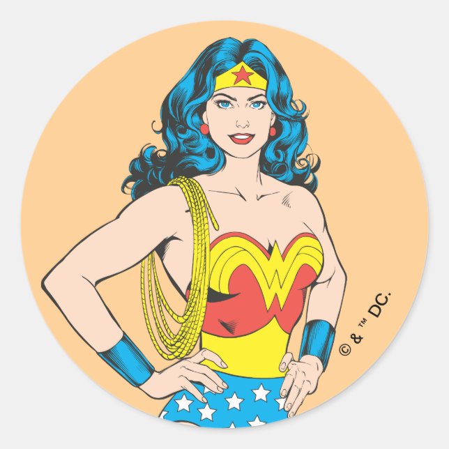 Sticker Rond Wonder Woman | Pose Vintage avec Lasso (Devant)