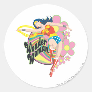 Sticker Rond Wonder Woman Retro Flowers