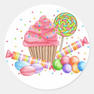 Sticker Rond Wonderland Cupcake Candy Lollipop Sweet Tarts