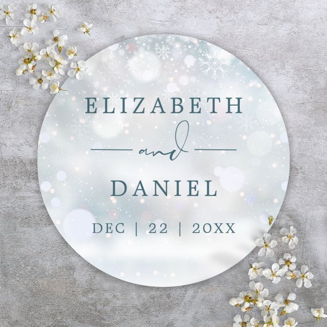 Sticker Rond Wonderland Neige Mariage Faveur (Winter Wonderland Snow Wedding Favor Classic Round Sticker)
