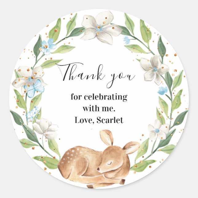 Sticker Rond Woodlan Baby Deer Baby shower I Anniversaire (Devant)