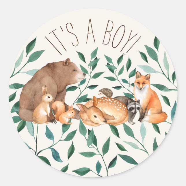 Sticker Rond Woodland Animal Friends C'est un garçon (Devant)