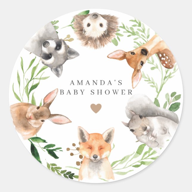 Sticker Rond Woodland Animals Baby Shower  (Devant)