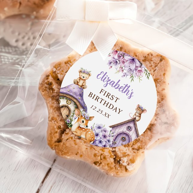 Sticker Rond Woodland Animals Girl 1st Birthday Party (Créateur téléchargé)