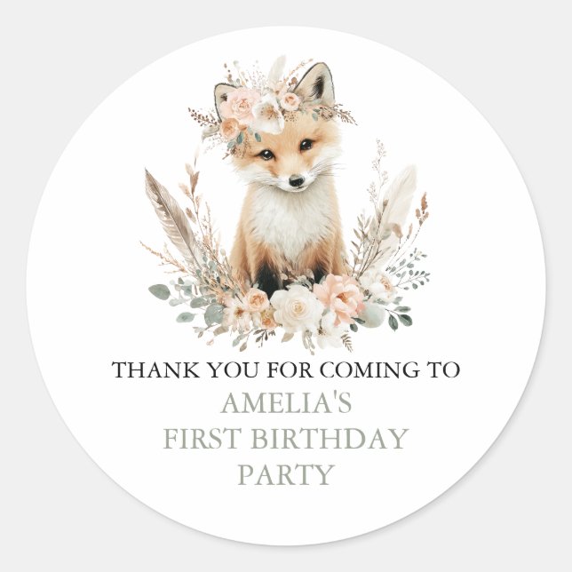 Sticker Rond Woodland Boho Fox Girl Birthday Personnalisé (Devant)