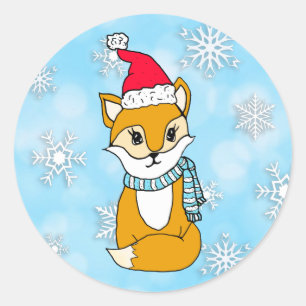 Sticker Rond Woodland Créatures Renard de Noël avec chapeau de