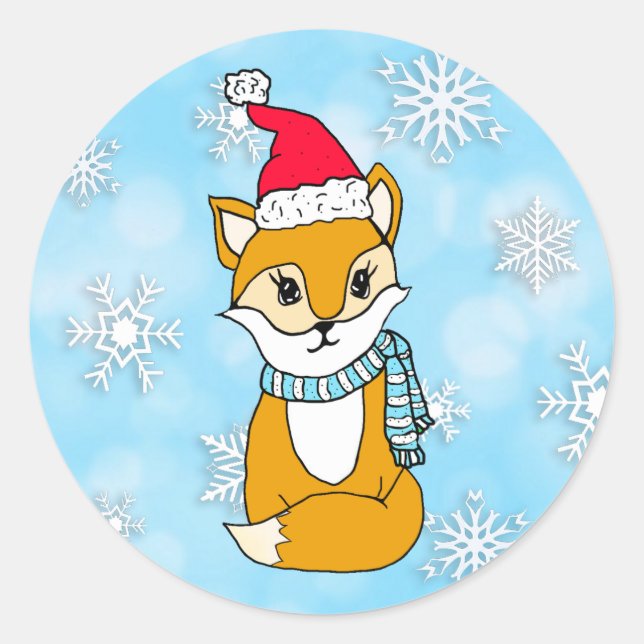 Sticker Rond Woodland Créatures Renard de Noël avec chapeau de  (Devant)
