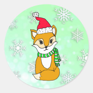 Sticker Rond Woodland Créatures Renard de Noël avec chapeau de