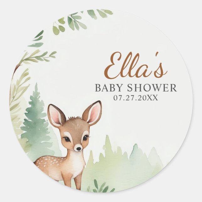 Sticker Rond Woodland Deer Forest Neutral Baby Shower (Devant)