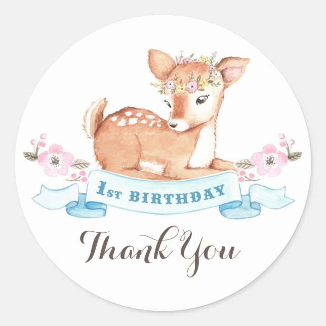 Sticker Rond Woodland Deer premier anniversaire merci autocolla (Devant)