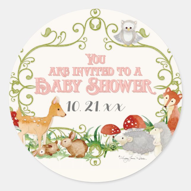 Sticker Rond Woodland Fairy Tale Baby Shower Invitations Cartes (Devant)