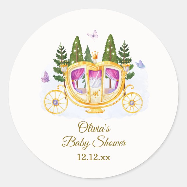 Sticker Rond Woodland Fairytale Princess Carriage Baby Shower (Devant)