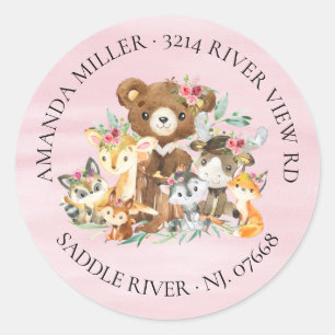 Sticker Rond Woodland Friends Girls Baby shower Adresse de reto