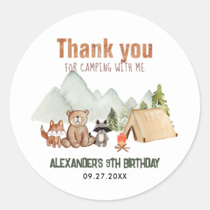 Sticker Rond Woodland Happy Camper Camping Anniversaire Merci