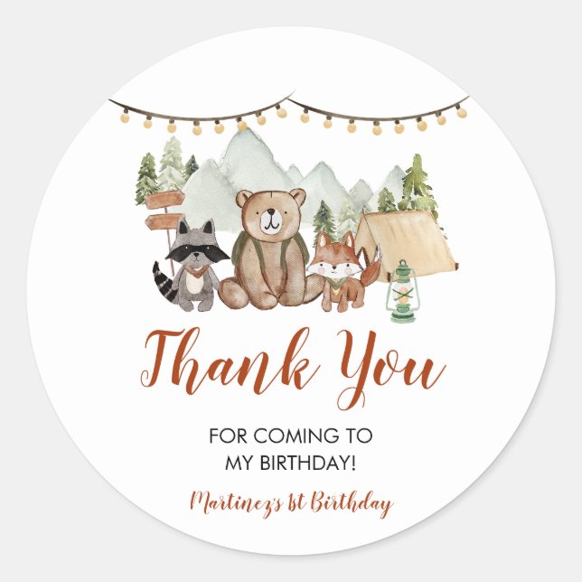 Sticker Rond Woodland One Happy Camper First Birthday Merci (Devant)