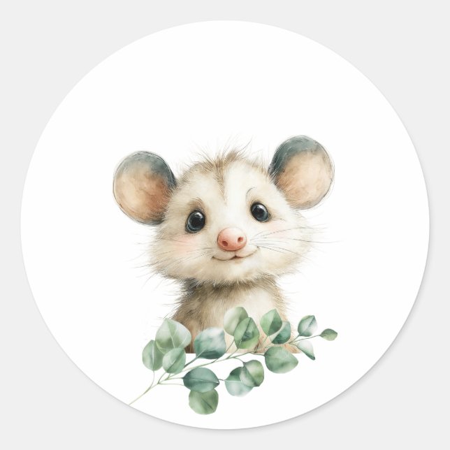 Sticker Rond Woodland Opossum Baby Shower • Neutral (Devant)