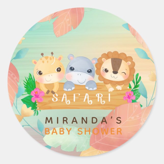 Sticker Rond Woodland Safari Animaux Baby shower garçon (Devant)