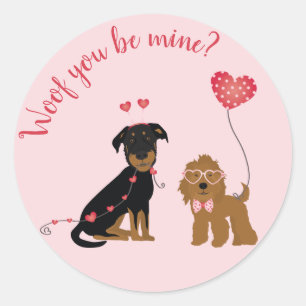 Sticker Rond Woof You Be Mine Valentine Dogs