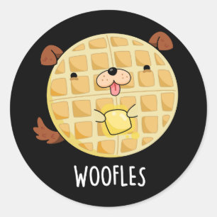 Sticker Rond Woofles Doggy Doggy Waffle Pun Dark BG