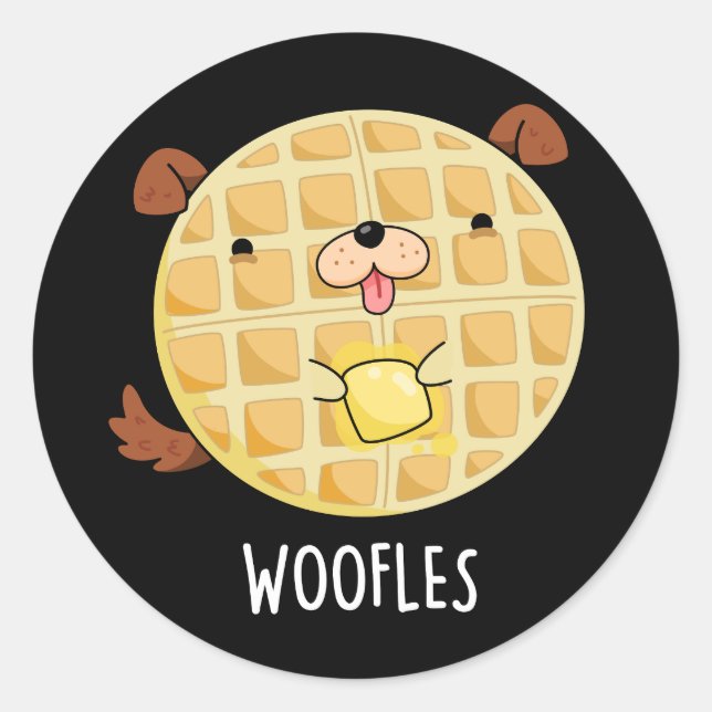 Sticker Rond Woofles Doggy Doggy Waffle Pun Dark BG (Devant)
