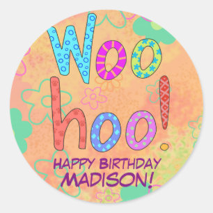 Sticker Rond WooHoo Orange Word Art Anniversaire Nom Personnali