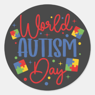 Sticker Rond World Autism Awareness Day Colorful Puzzle Piece