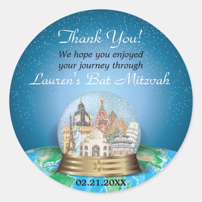 Sticker Rond World Travel Snow Globe Bar Bat mitzvah (Devant)