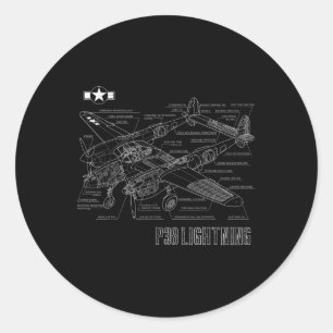 Sticker Rond World War 2 P-38 Lightning Fighter Avion Bluepr