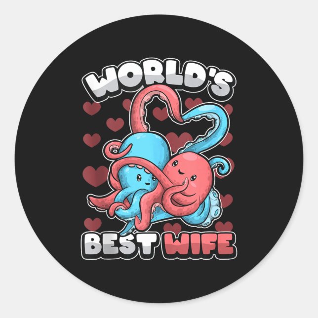 Sticker Rond World's Wife Cute Kawaii Octopus Heart Cute Couple (Devant)