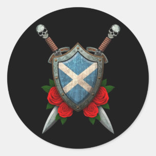Sticker Rond Worldwide Scottish Flag Shield et épées avec Rose