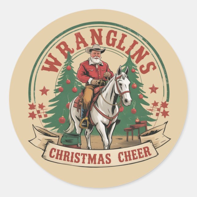 Sticker Rond Wrangling Christmas Cheer Cowboy Santa Horse Ride (Devant)