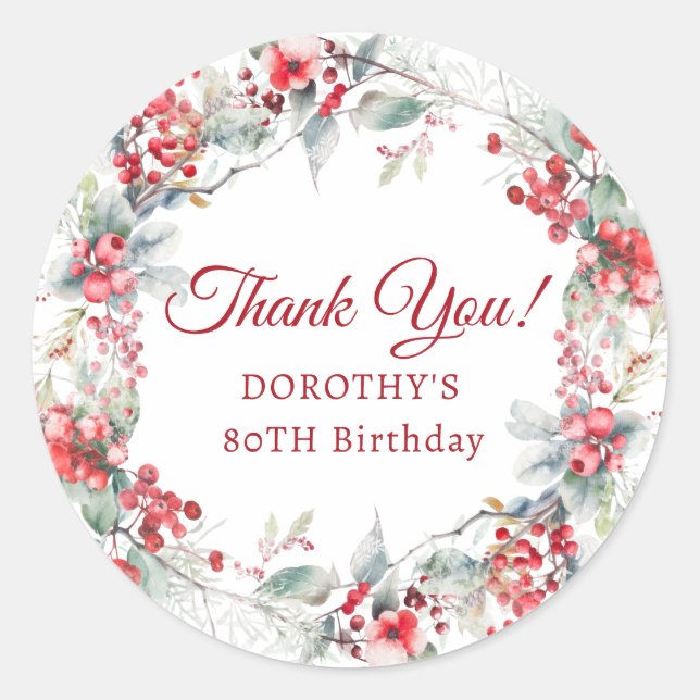 Sticker Rond Wreath Berry d'hiver 80e anniversaire Merci (Devant)
