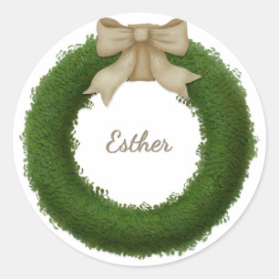 Sticker Rond Wreath Boxwood avec Bow Nom ou salut personnalisé
