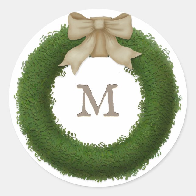 Sticker Rond Wreath Boxwood Avec Bow Rustique Personnalisé Mono (Devant)