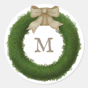 Sticker Rond Wreath Boxwood Avec Bow Rustique Personnalisé Mono