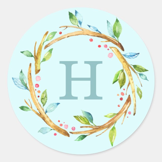 Sticker Rond Wreath d'aquarelle | Monogramme personnalisé (Devant)