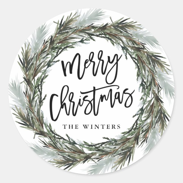 Sticker Rond Wreath de pin d'hiver Joyeux Noël Classic Round S (Devant)