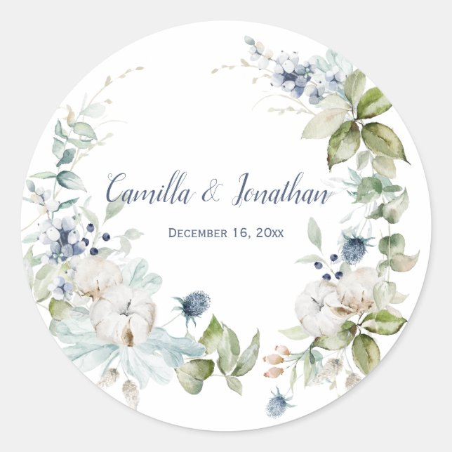 Sticker Rond Wreath Florale d'hiver en bleu Dusty et vert Sage (Devant)