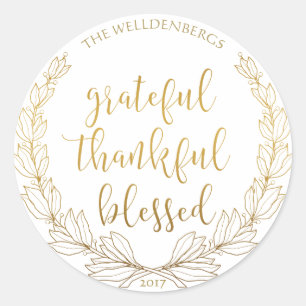 Sticker Rond Wreath Or Grateful Merci bienheureux Monogramme bi