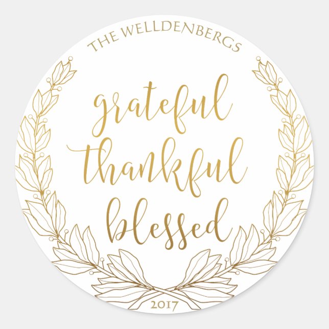 Sticker Rond Wreath Or Grateful Merci bienheureux Monogramme bi (Devant)