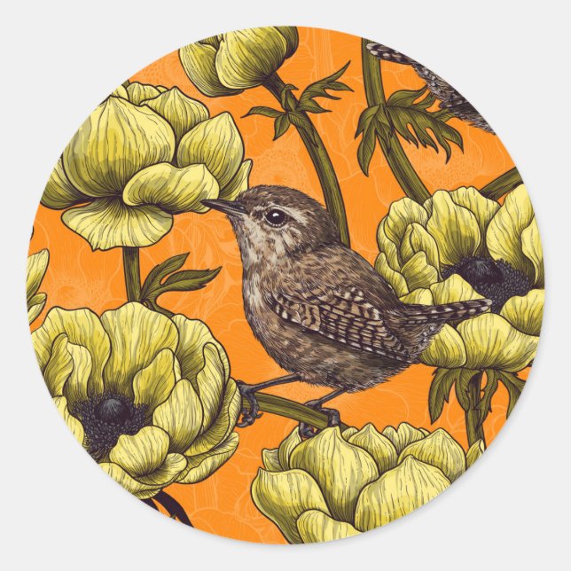 Sticker Rond Wrens dans le jardin d'anémones jaunes (Devant)